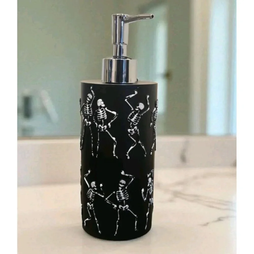 New Black & White Skeletons Dancing Halloween Soap Dispenser Spooky Decoration